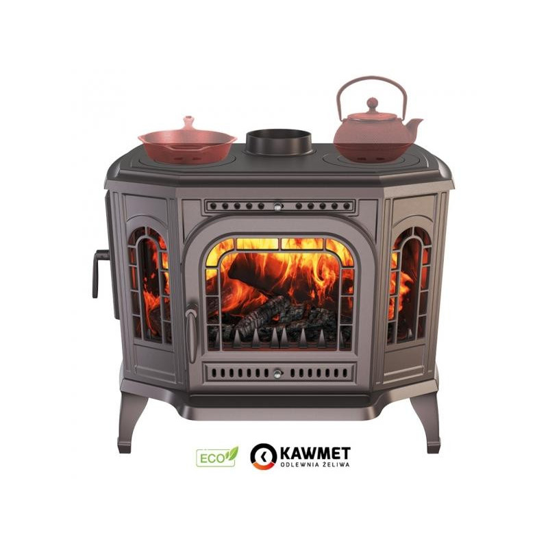 Piec wolnostojący KAWMET P7 (10,5 kW) CookTop LB ECO z załadunkiem bocznym i fajerkami do gotowania