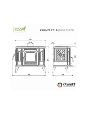 Piec wolnostojący KAWMET P7 (10 5 kW) CookTop LB ECO z załadunkiem bocznym i fajerkami do gotowania
