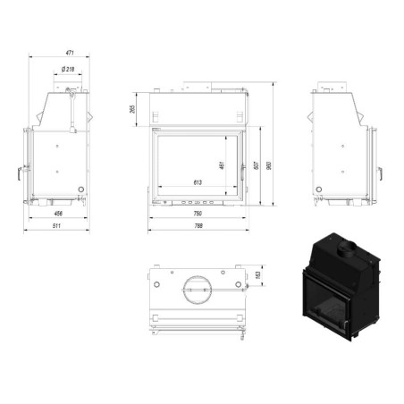 Kominek z płaszczem wodnym KRATKI AMELIA 15 kW fi220